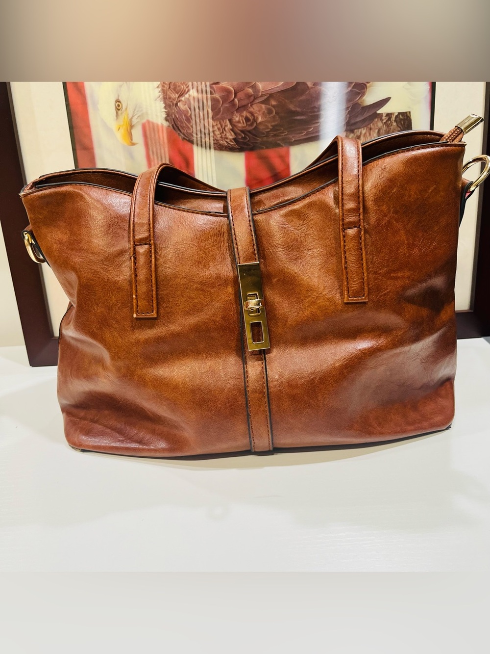 Structured Brown Leather Tote with Gold Accent